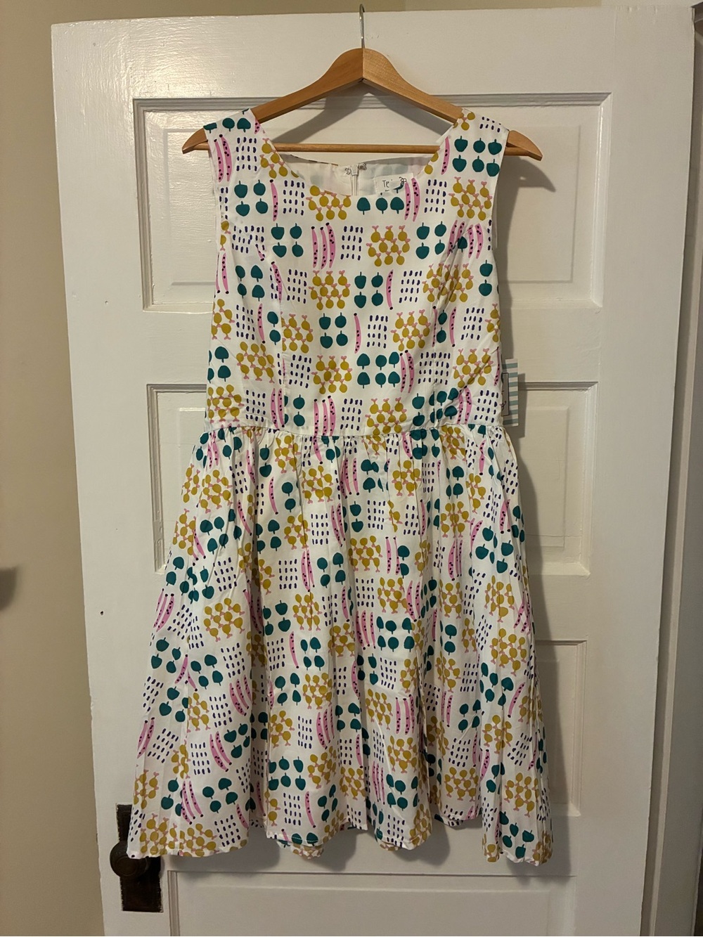 Sleeveless White Midi Dress with Green & Mustard Print